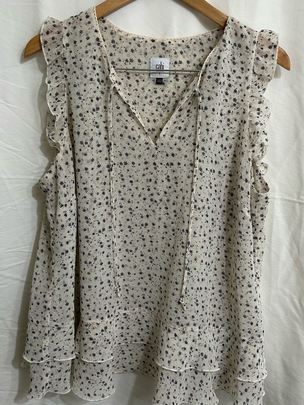 CAbi Cream Floral Ruffle Tie-Neck Sleeveless Blouse
